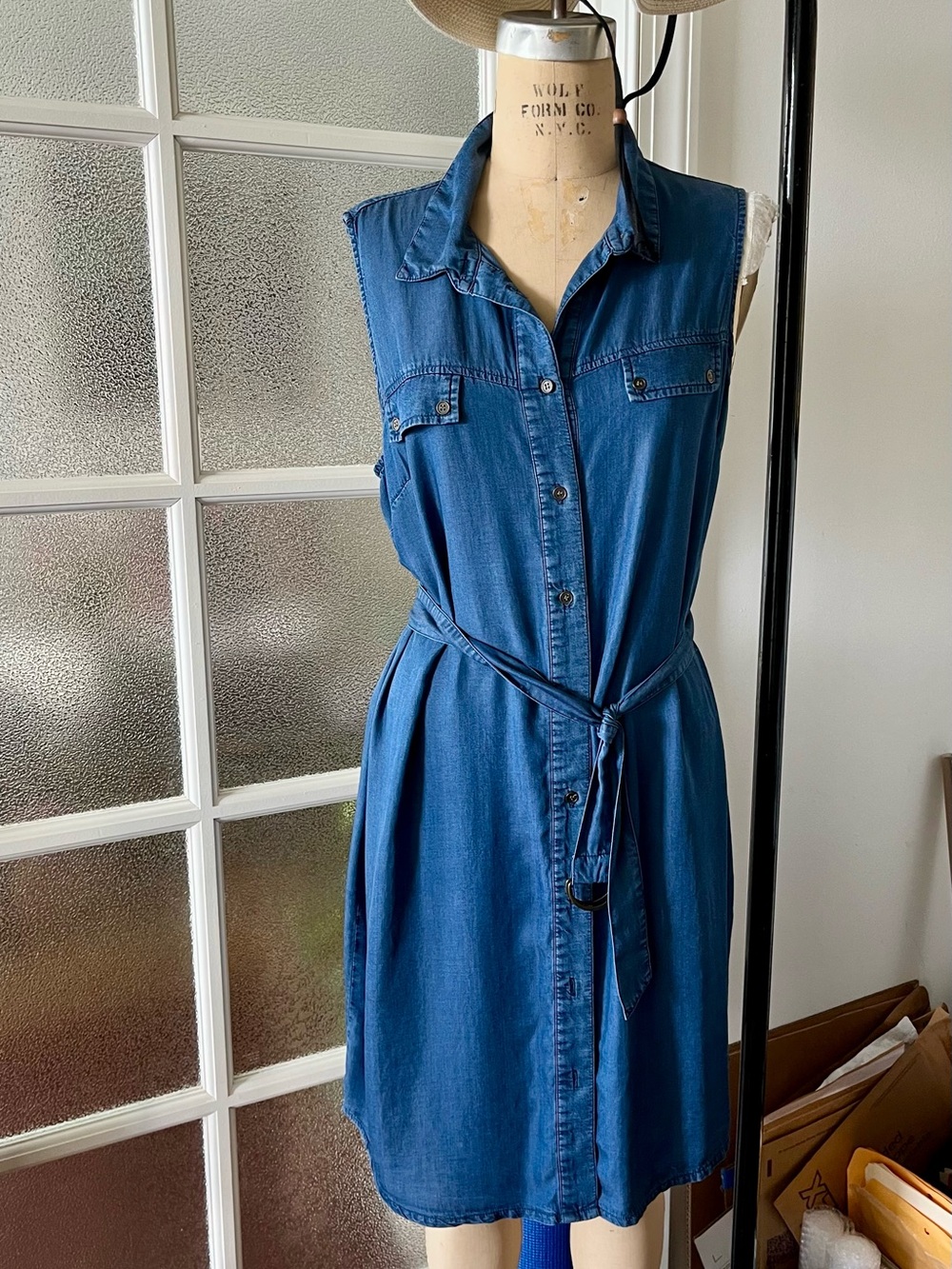Sleeveless Soft light Denim Shirt Dress in Blue with Tie Waist